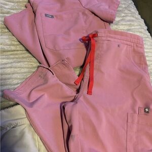 Figs Pink Scrub Pants with Red Tie